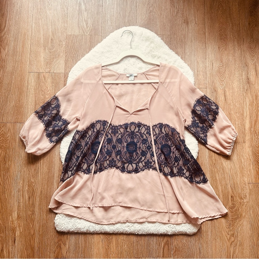 Bar III Soft Sheer Blush Blouse with Navy Lace Size Small